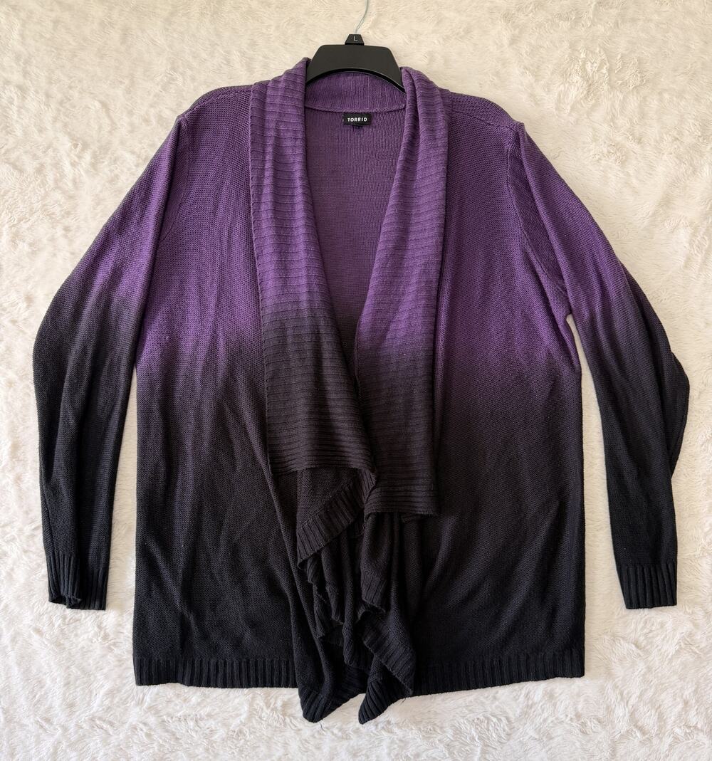 Torrid Ombre Cardigan Sweater Womens 2X Purple Black Open Front Draped Knit
